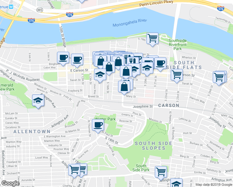 map of restaurants, bars, coffee shops, grocery stores, and more near 1717 Harcum Way in Pittsburgh