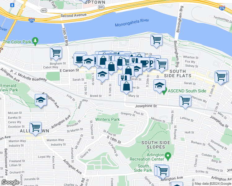 map of restaurants, bars, coffee shops, grocery stores, and more near 1717 Harcum Way in Pittsburgh