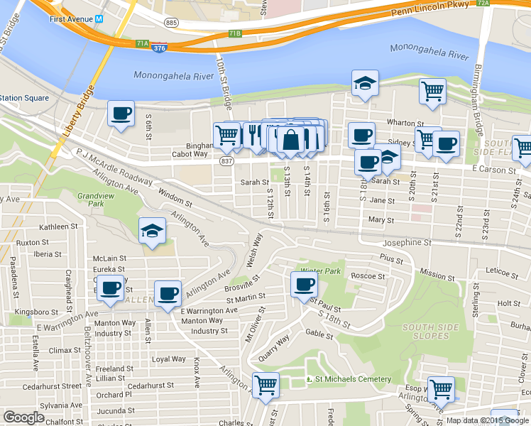 map of restaurants, bars, coffee shops, grocery stores, and more near 34 Enon Way in Pittsburgh