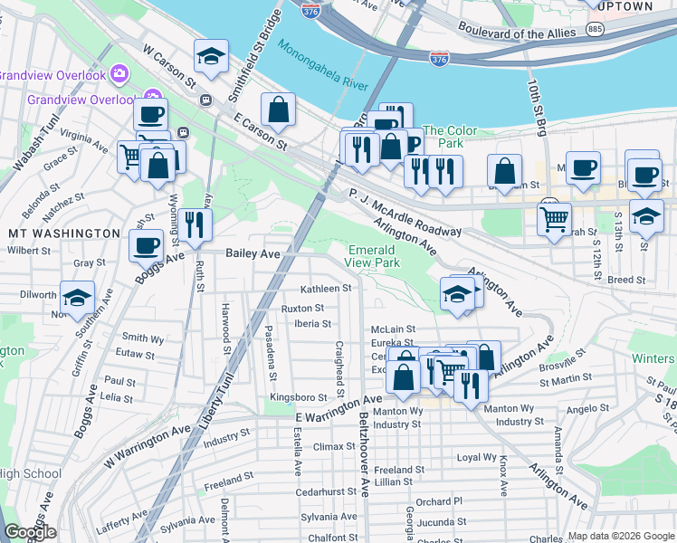 map of restaurants, bars, coffee shops, grocery stores, and more near 427 Bailey Avenue in Pittsburgh