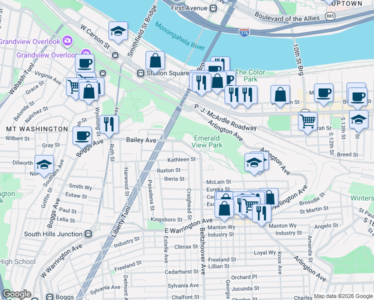 map of restaurants, bars, coffee shops, grocery stores, and more near 427 Bailey Avenue in Pittsburgh