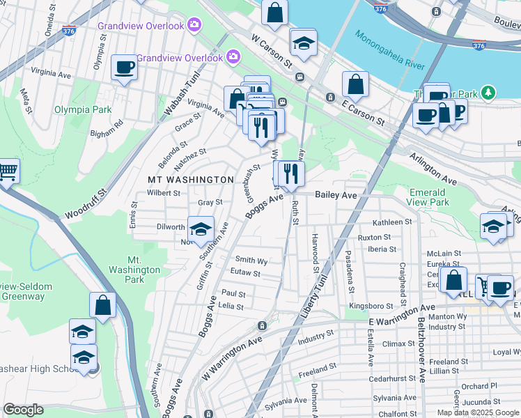 map of restaurants, bars, coffee shops, grocery stores, and more near 121 Boggs Avenue in Pittsburgh