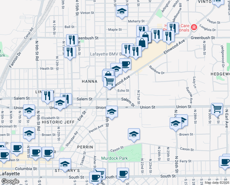 map of restaurants, bars, coffee shops, grocery stores, and more near 1913 Echo Street in Lafayette