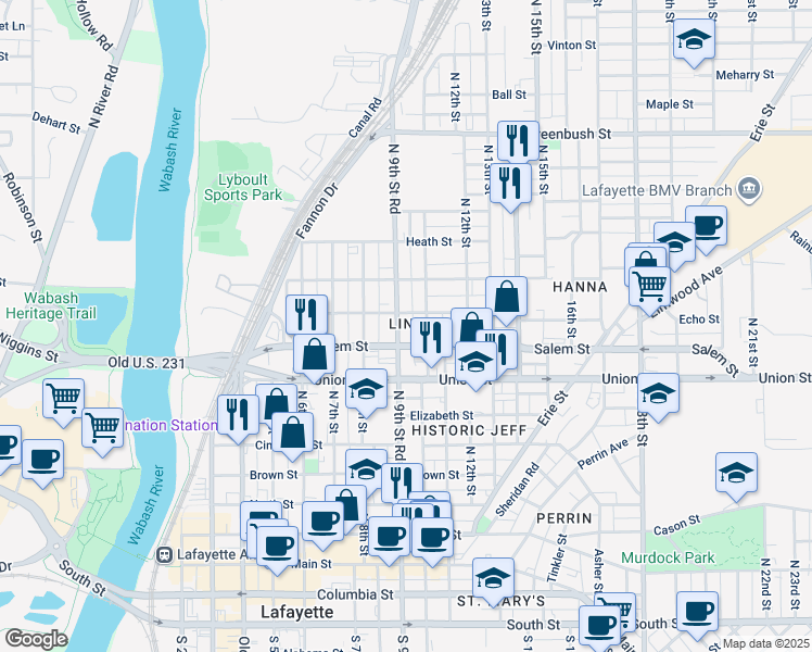 map of restaurants, bars, coffee shops, grocery stores, and more near 922 North 10th Street in Lafayette