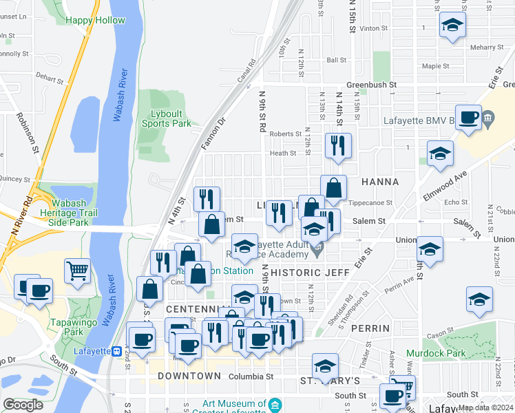 map of restaurants, bars, coffee shops, grocery stores, and more near 920 North 9th Street in Lafayette
