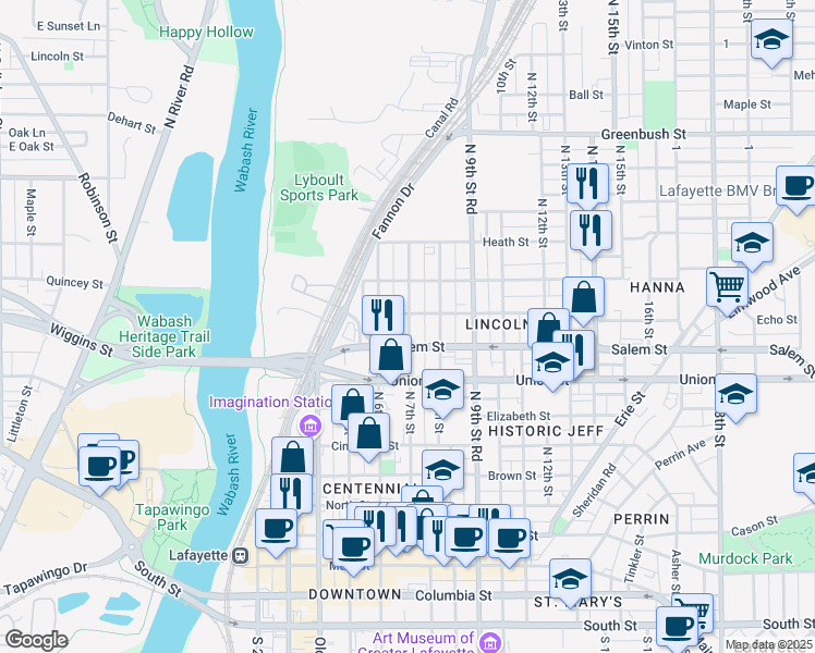 map of restaurants, bars, coffee shops, grocery stores, and more near 927 North 7th Street in Lafayette