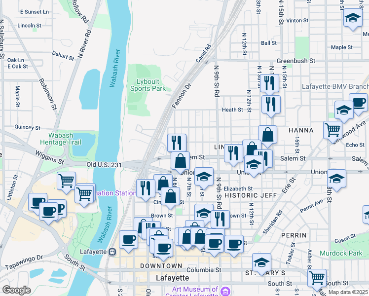 map of restaurants, bars, coffee shops, grocery stores, and more near 915 North 6th Street in Lafayette