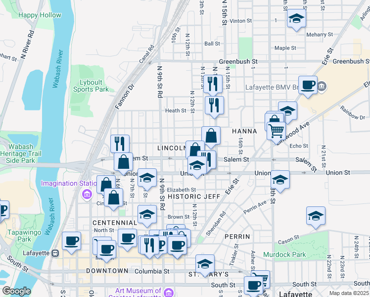 map of restaurants, bars, coffee shops, grocery stores, and more near 918 North 11th Street in Lafayette
