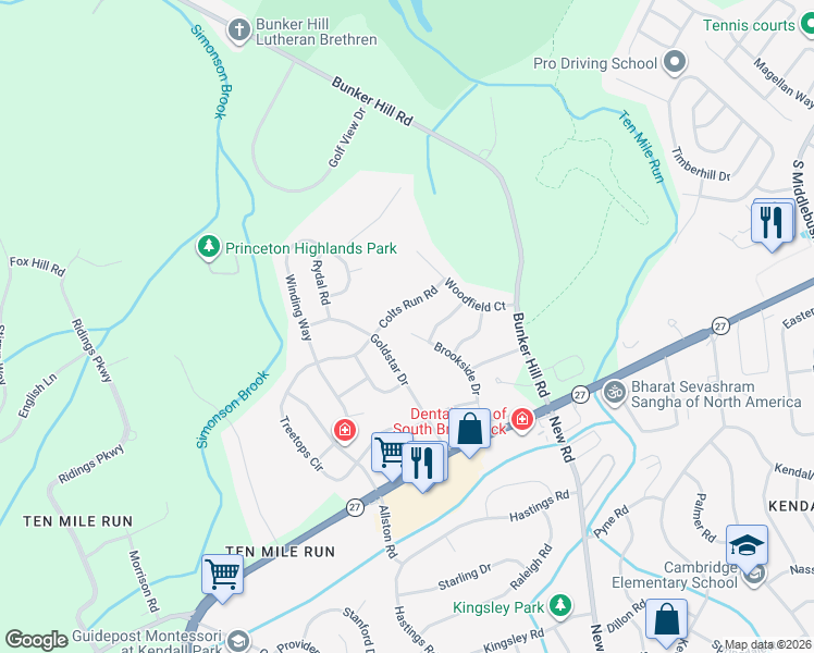 map of restaurants, bars, coffee shops, grocery stores, and more near 32 Brookside Drive in Princeton