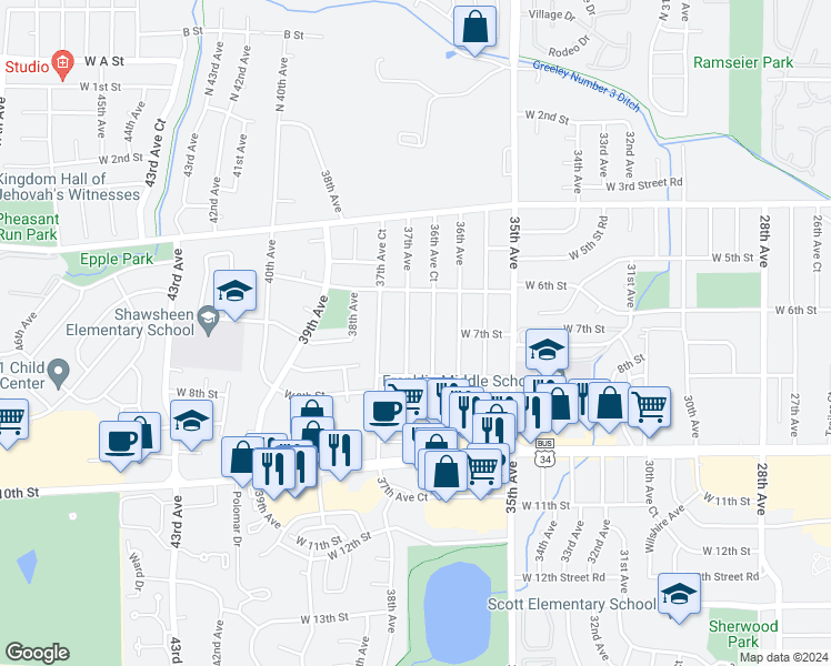 map of restaurants, bars, coffee shops, grocery stores, and more near 700 37th Avenue in Greeley