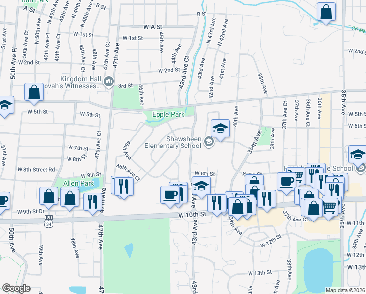 map of restaurants, bars, coffee shops, grocery stores, and more near 703 44th Avenue in Greeley