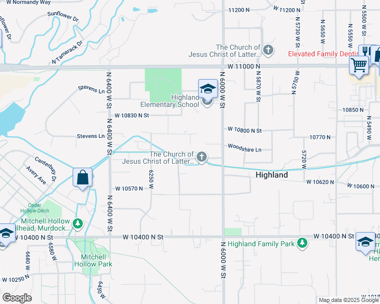 map of restaurants, bars, coffee shops, grocery stores, and more near Meadow Drive in Highland