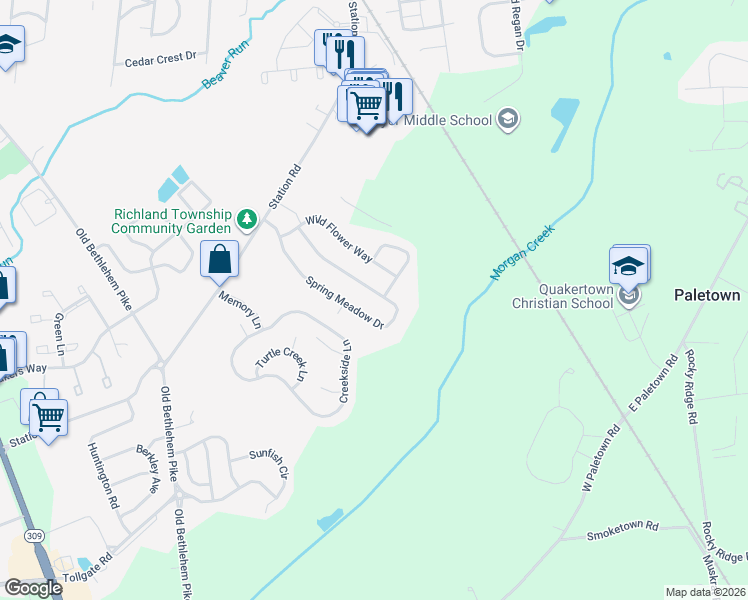 map of restaurants, bars, coffee shops, grocery stores, and more near 1135 Spring Meadow Drive in Quakertown