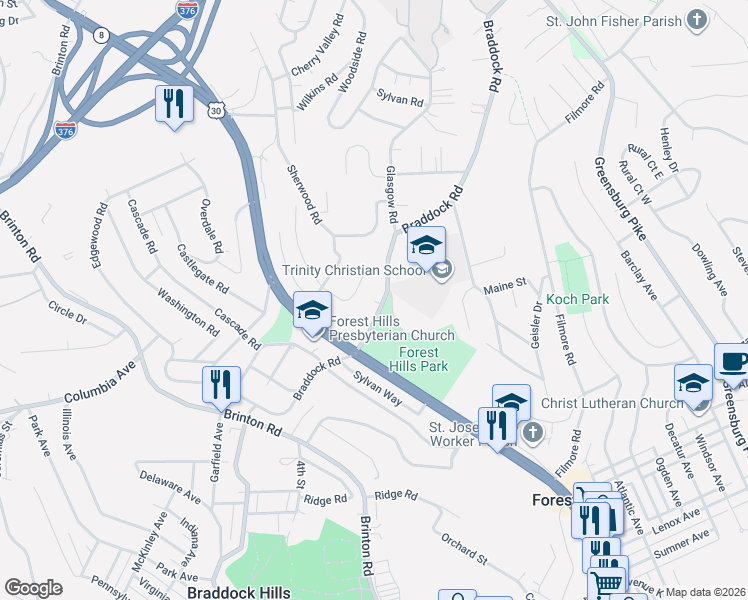 map of restaurants, bars, coffee shops, grocery stores, and more near 435 Braddock Road in Pittsburgh