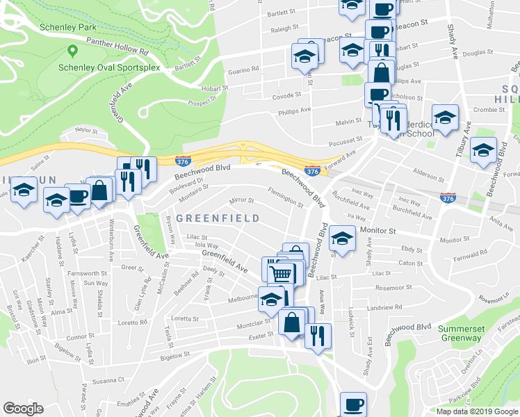 map of restaurants, bars, coffee shops, grocery stores, and more near 1008 Mirror Street in Pittsburgh