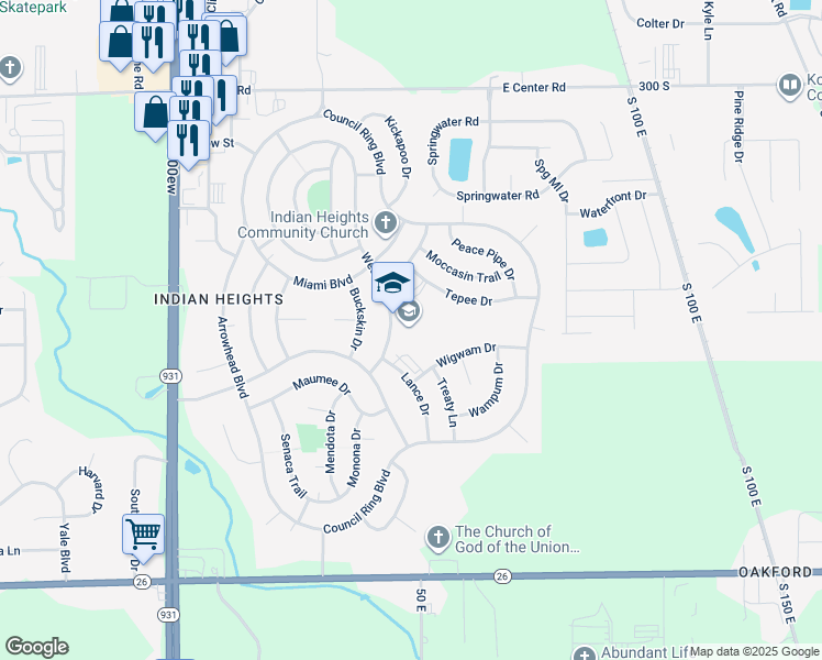 map of restaurants, bars, coffee shops, grocery stores, and more near 5500 Wea Drive in Kokomo
