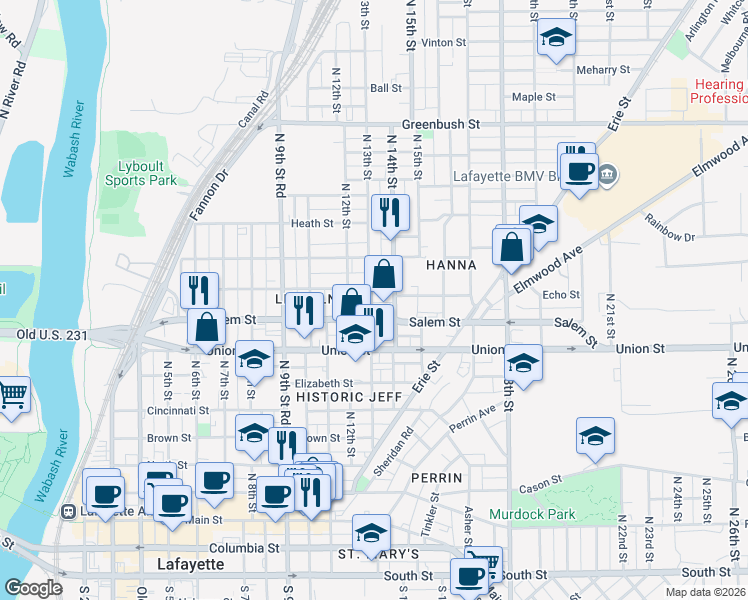map of restaurants, bars, coffee shops, grocery stores, and more near 923 North 13th Street in Lafayette