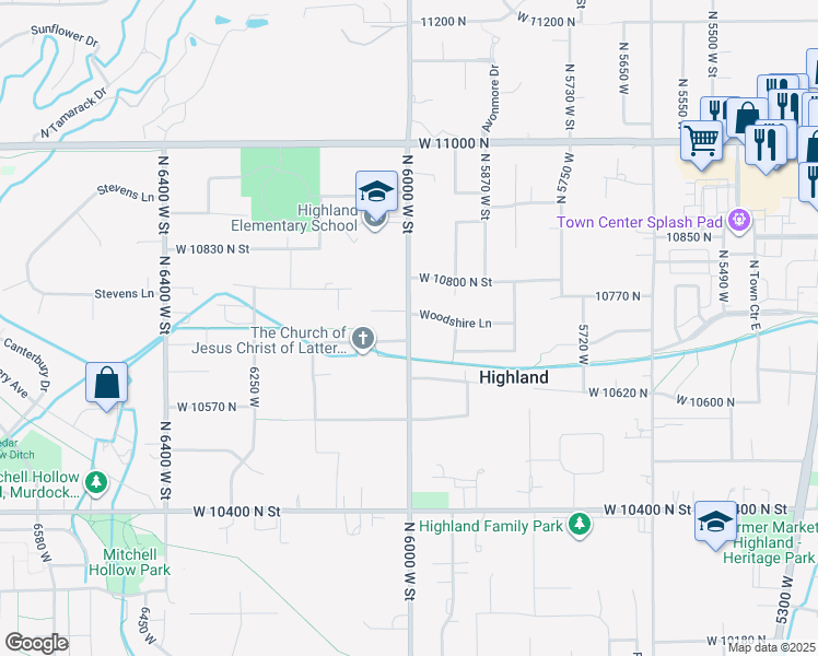 map of restaurants, bars, coffee shops, grocery stores, and more near 10752 North 6000 West Street in Highland