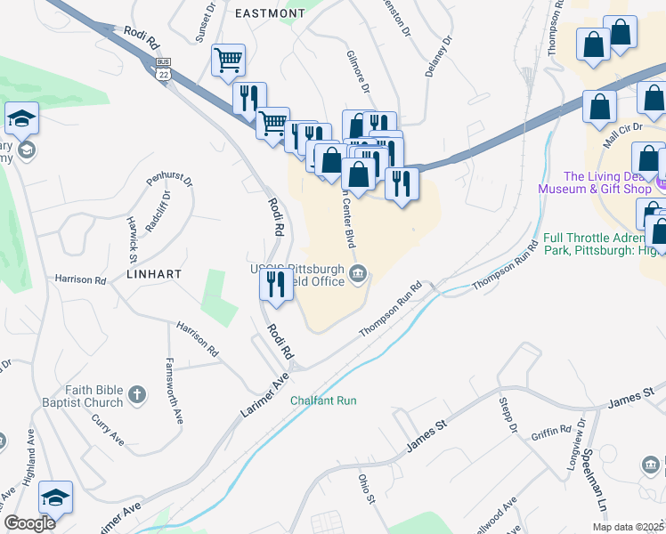 map of restaurants, bars, coffee shops, grocery stores, and more near Penn Center Boulevard in Pittsburgh