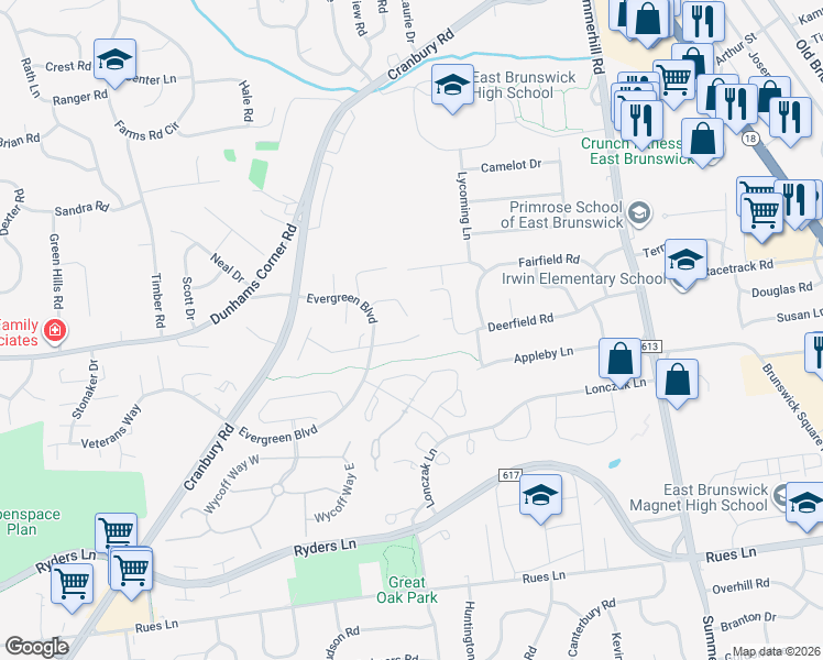 map of restaurants, bars, coffee shops, grocery stores, and more near 26 Bennett Court in East Brunswick