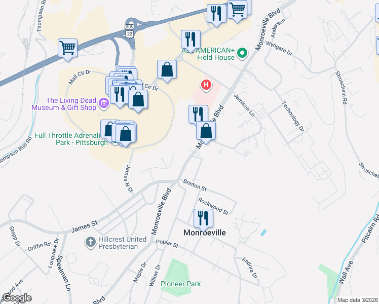 map of restaurants, bars, coffee shops, grocery stores, and more near 2505 Monroeville Boulevard in Monroeville