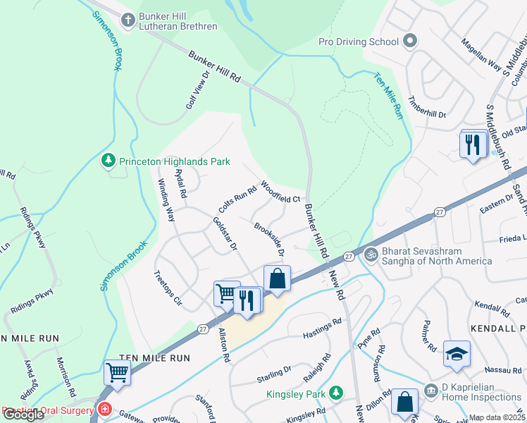 map of restaurants, bars, coffee shops, grocery stores, and more near 7 Fieldcrest Drive in Princeton