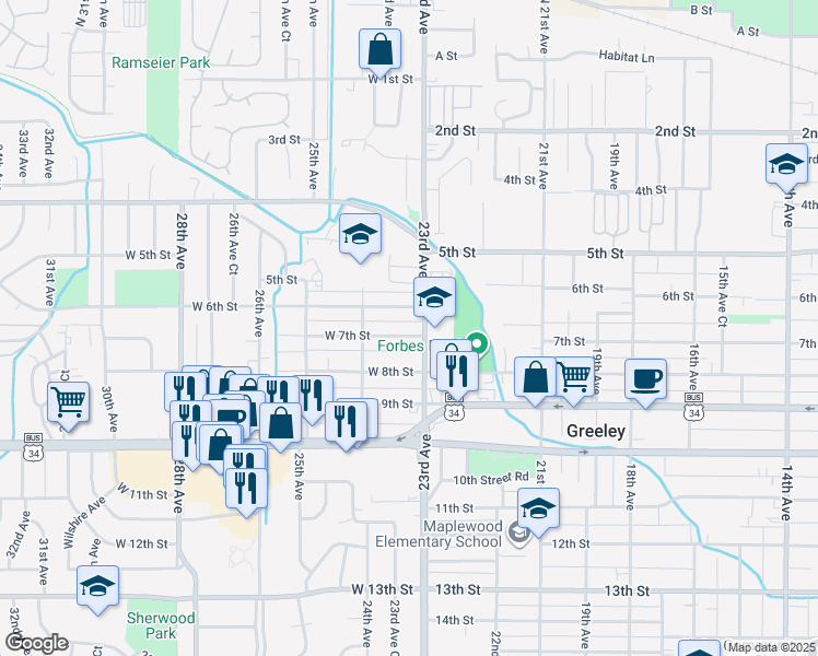 map of restaurants, bars, coffee shops, grocery stores, and more near 2309 West 7th Street in Greeley