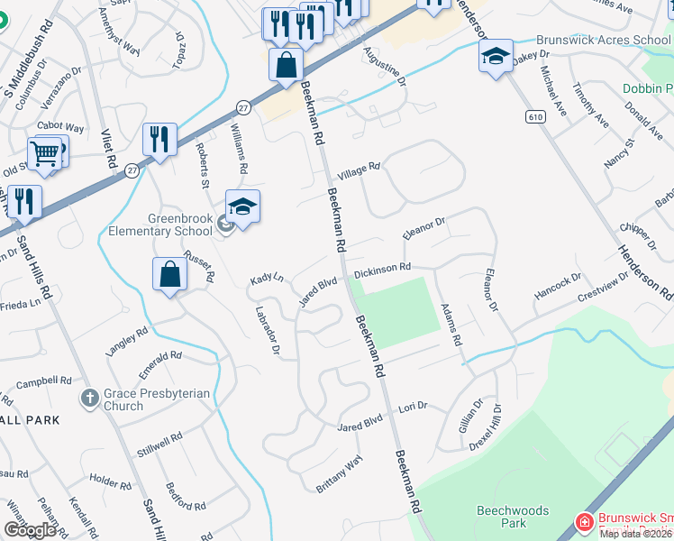map of restaurants, bars, coffee shops, grocery stores, and more near 20 Setter Place in South Brunswick Township