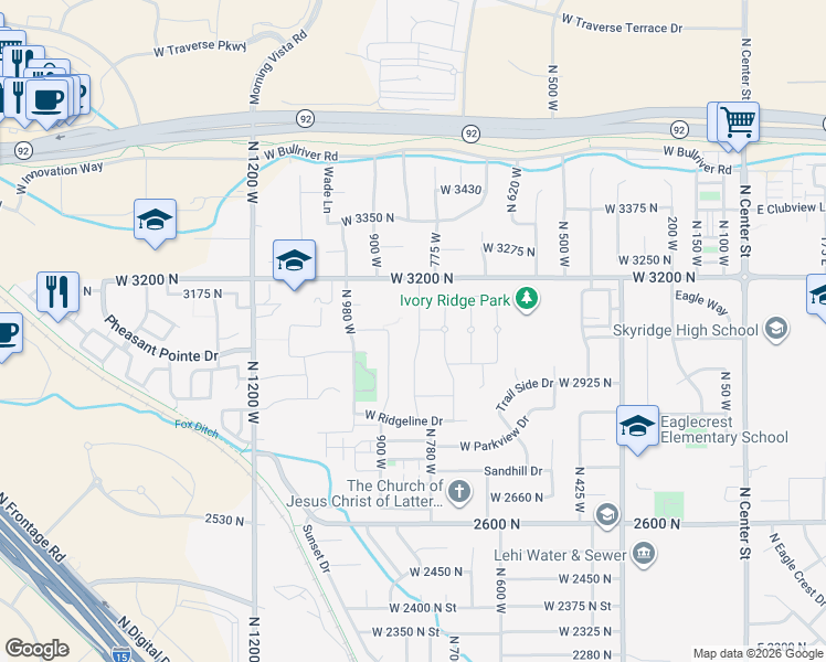 map of restaurants, bars, coffee shops, grocery stores, and more near 3073 North Meadow View Drive in Lehi