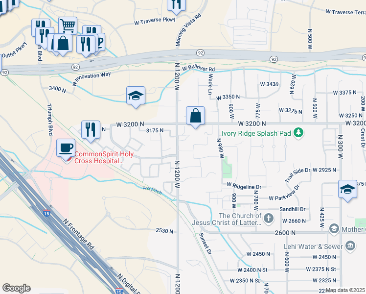 map of restaurants, bars, coffee shops, grocery stores, and more near 3080 North 1200 West in Lehi