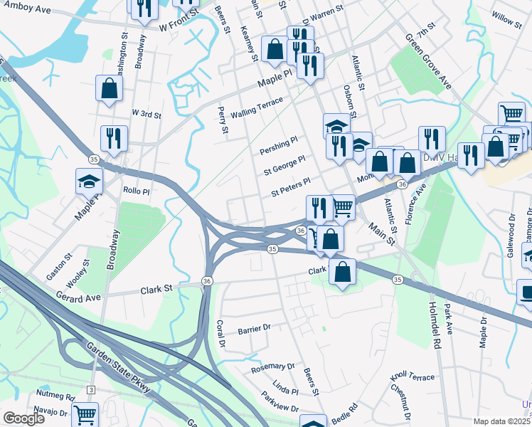 map of restaurants, bars, coffee shops, grocery stores, and more near 315 Beers Street in Keyport
