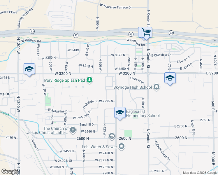 map of restaurants, bars, coffee shops, grocery stores, and more near 398 West 3050 North in Lehi