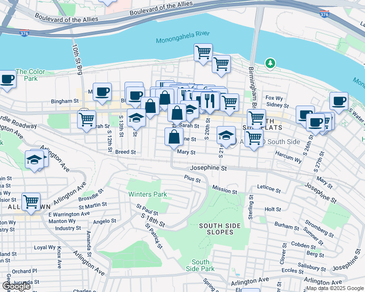 map of restaurants, bars, coffee shops, grocery stores, and more near 1819 Harcum Way in Pittsburgh
