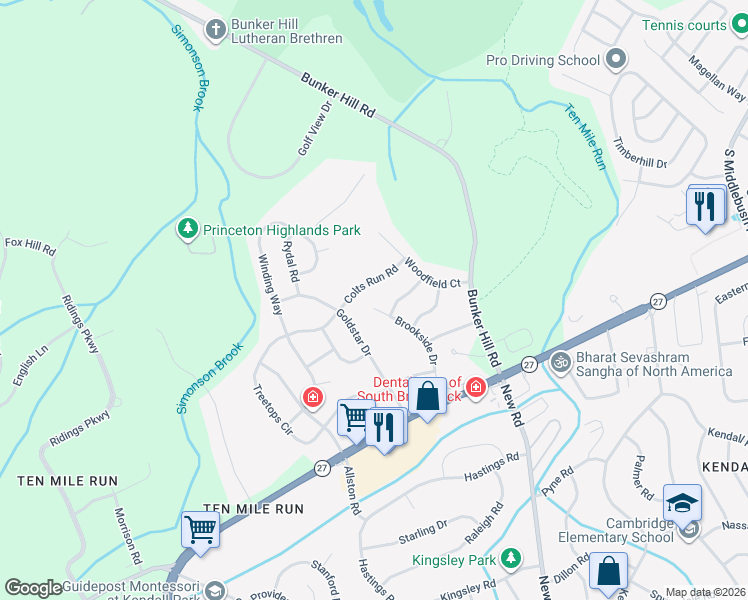 map of restaurants, bars, coffee shops, grocery stores, and more near 32 Brookside Drive in Princeton