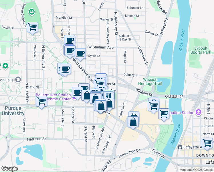 map of restaurants, bars, coffee shops, grocery stores, and more near 201 Wiggins Street in West Lafayette