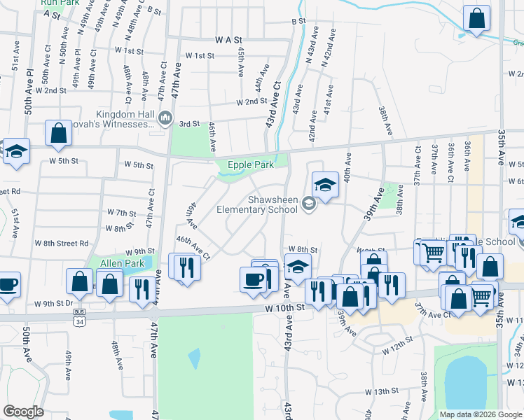 map of restaurants, bars, coffee shops, grocery stores, and more near 703 44th Avenue in Greeley
