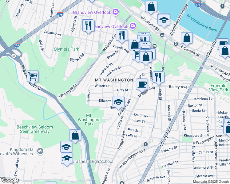 map of restaurants, bars, coffee shops, grocery stores, and more near 3 Gray St in Pittsburgh