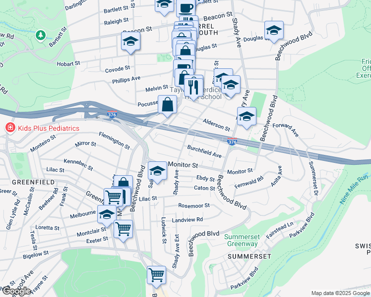 map of restaurants, bars, coffee shops, grocery stores, and more near 6306 Burchfield Avenue in Pittsburgh