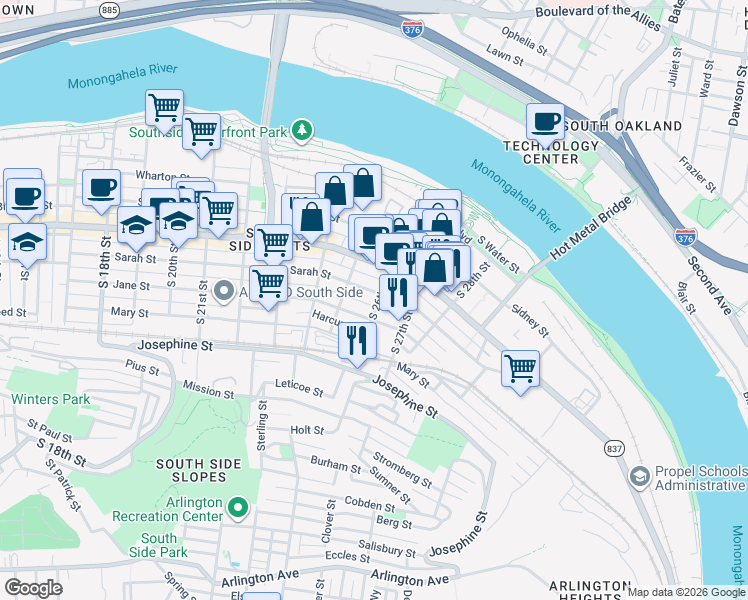 map of restaurants, bars, coffee shops, grocery stores, and more near 2517 Larkins Way in Pittsburgh