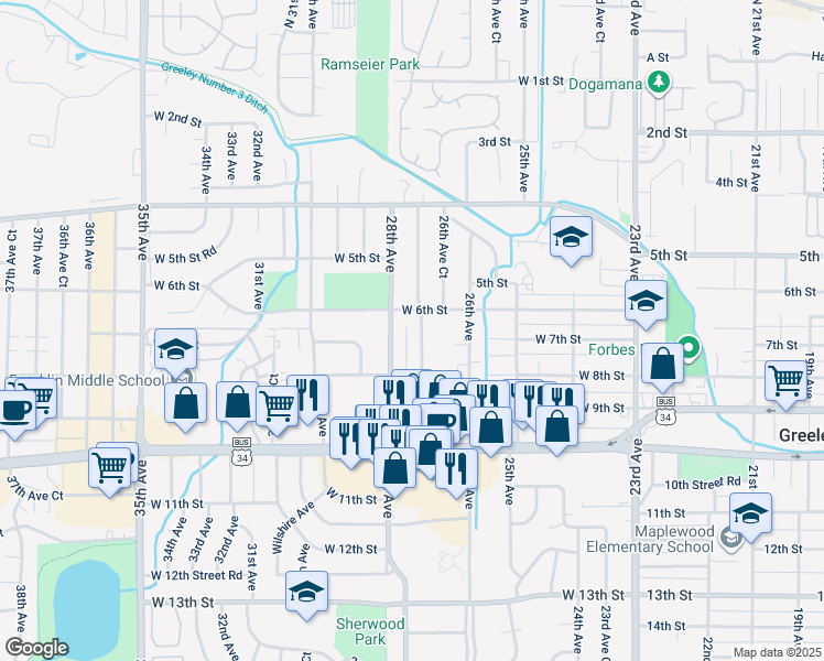 map of restaurants, bars, coffee shops, grocery stores, and more near 604 27th Avenue in Greeley