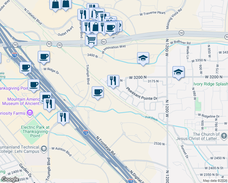 map of restaurants, bars, coffee shops, grocery stores, and more near 1661 WestBury Way in Lehi