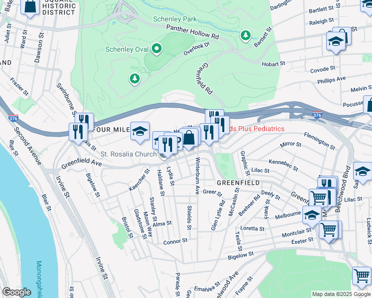 map of restaurants, bars, coffee shops, grocery stores, and more near in Pittsburgh