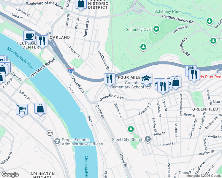 map of restaurants, bars, coffee shops, grocery stores, and more near 3806 Acorn Street in Pittsburgh