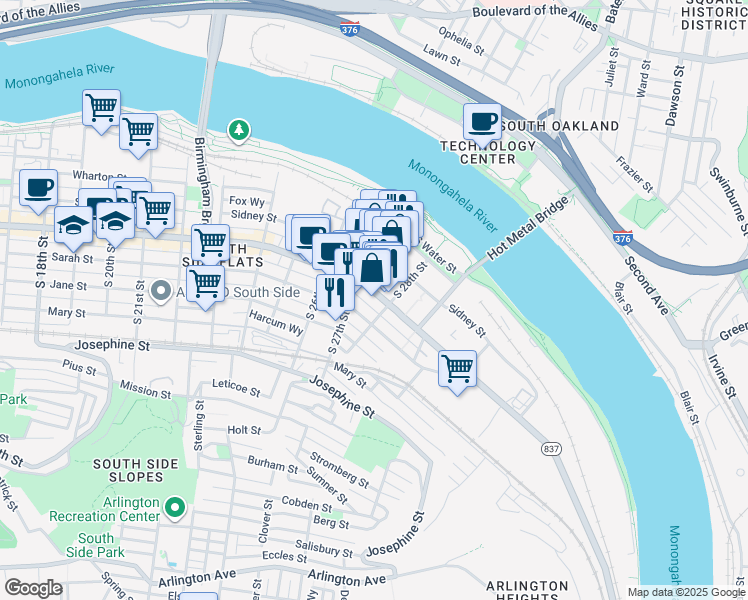 map of restaurants, bars, coffee shops, grocery stores, and more near 2724 East Carson Street in Pittsburgh