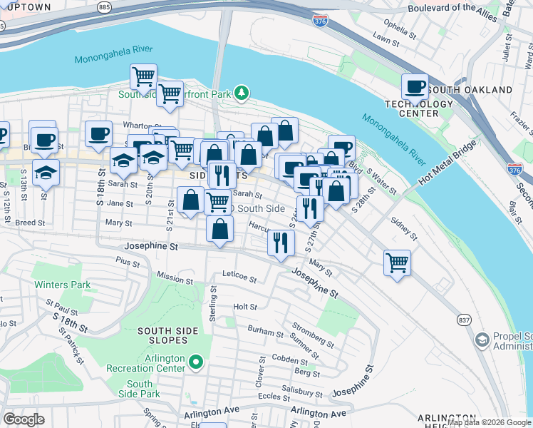map of restaurants, bars, coffee shops, grocery stores, and more near 2412 Larkins Way in Pittsburgh