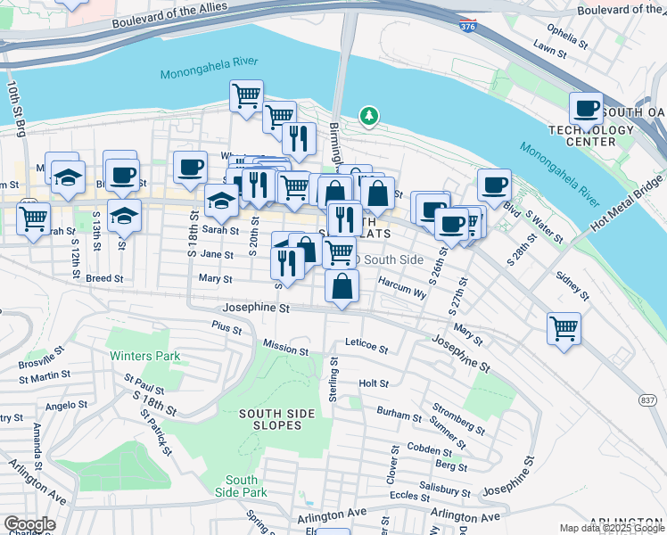 map of restaurants, bars, coffee shops, grocery stores, and more near 2218 Jane Street in Pittsburgh