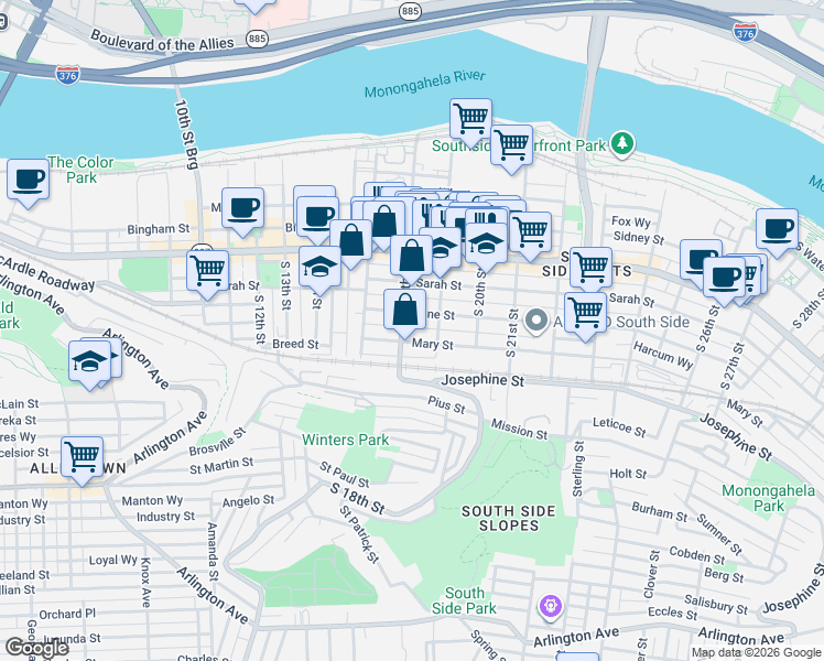 map of restaurants, bars, coffee shops, grocery stores, and more near 1819 Harcum Way in Pittsburgh