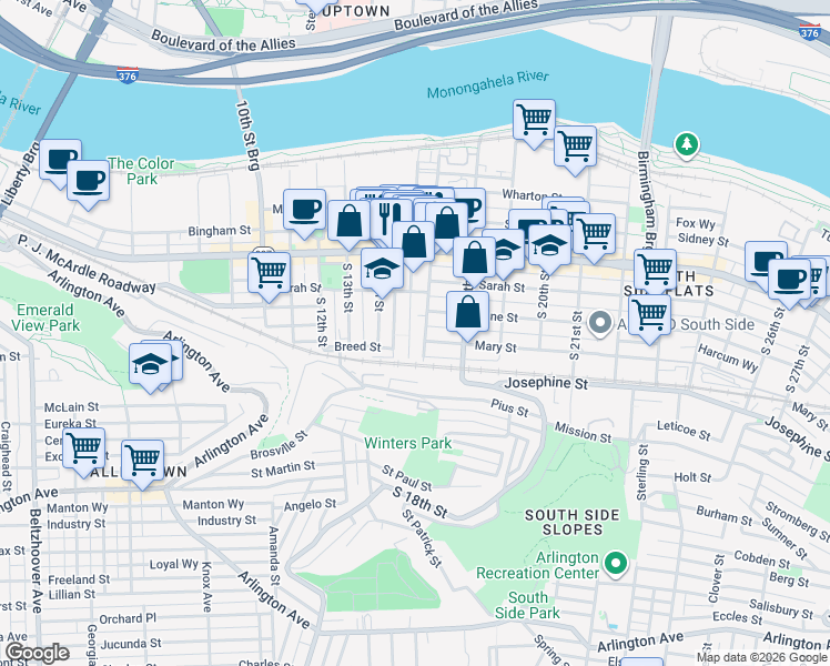 map of restaurants, bars, coffee shops, grocery stores, and more near 166 South 16th Street in Pittsburgh