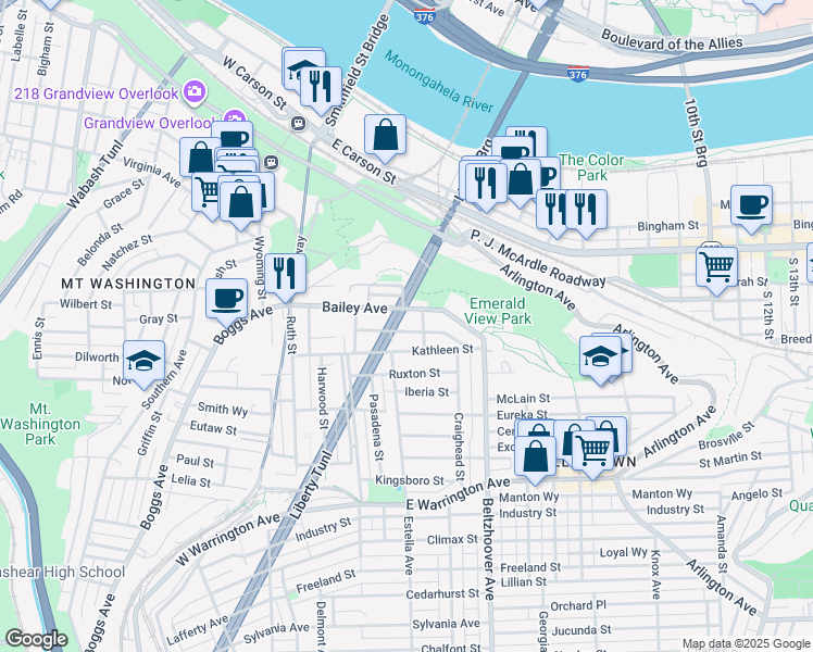 map of restaurants, bars, coffee shops, grocery stores, and more near 335 Kambach Street in Pittsburgh