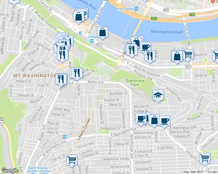 map of restaurants, bars, coffee shops, grocery stores, and more near 335 Kambach Street in Pittsburgh